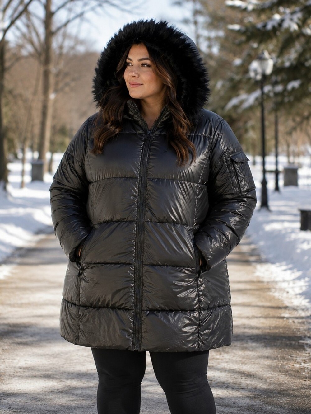 Celsius Premium Women's Black Puffer Coat Faux Fir Hood Winter Jacket L Quilted